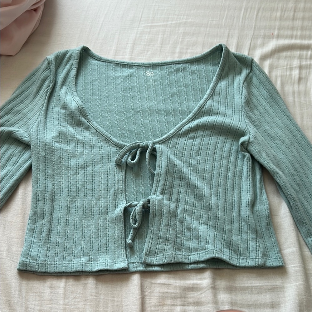 SO Women's Teal Ribbed Tie-Front Blouse